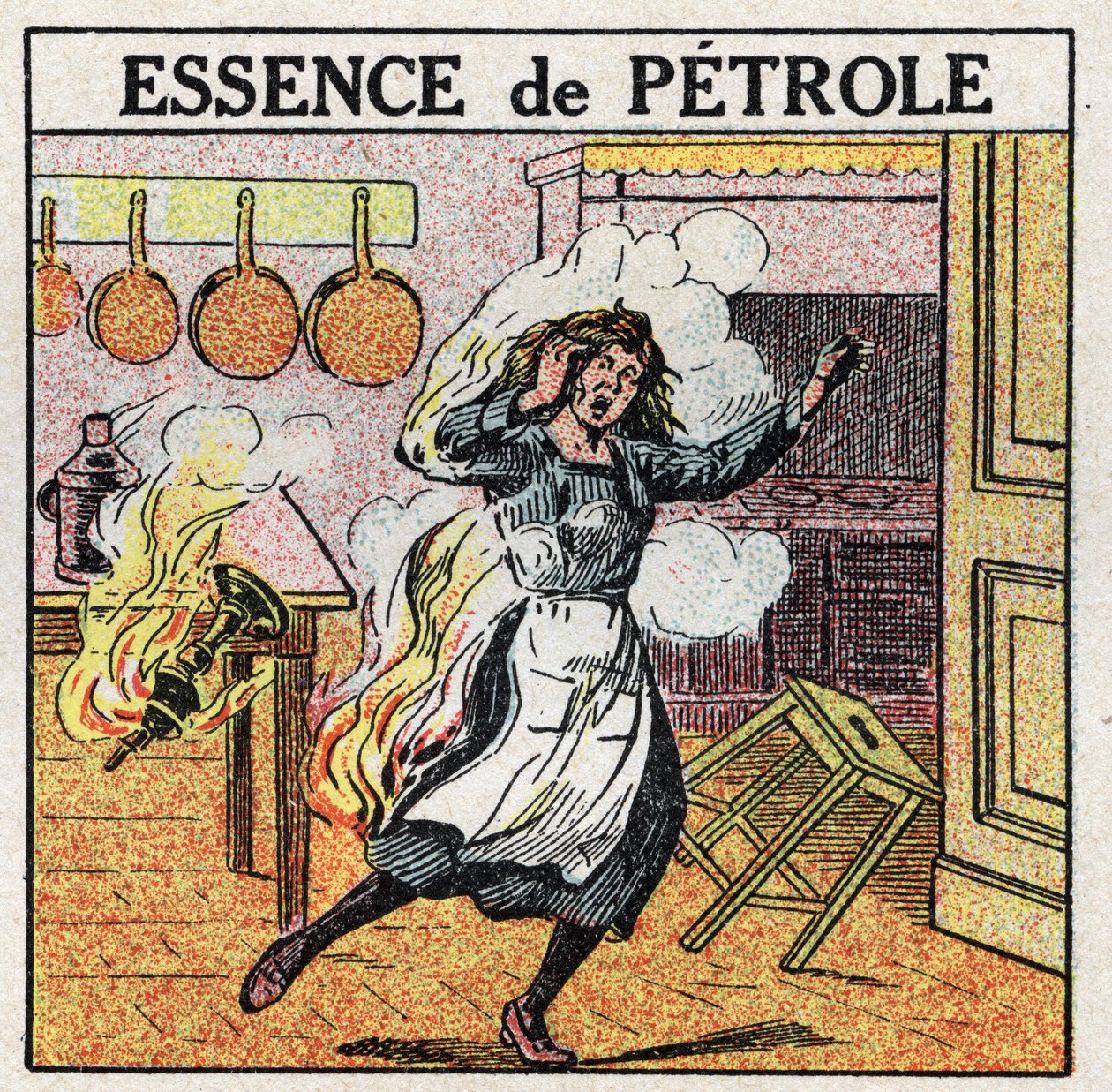 Světelné zdroje: žena se vznítila při manipulaci s lampou naftovým benzínem. Anonymní ilustrace z roku 1925. Soukromá sbírka. od Anonymous Anonymous