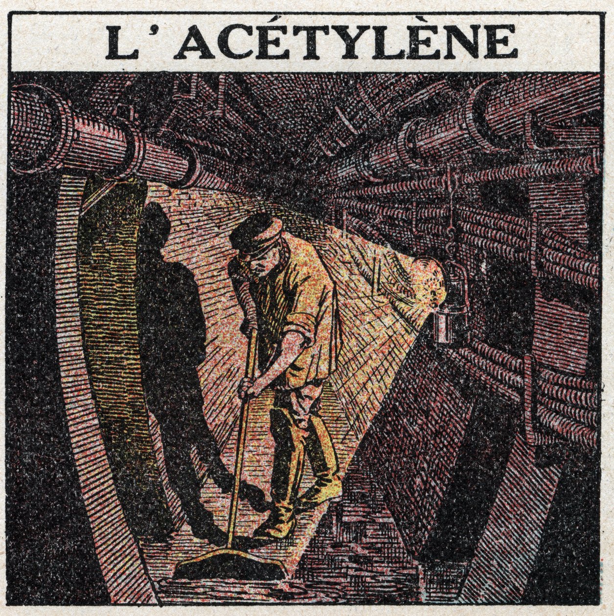 Světelné zdroje: osvětlení acetylenem používaným v bubnech. Anonymní ilustrace z roku 1925. Soukromá sbírka. od Anonymous Anonymous