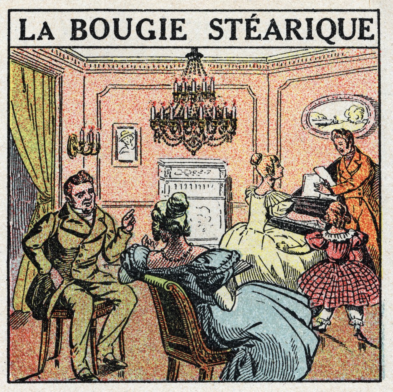 Světelné zdroje: stearová svíčka používaná na lustrech v 19. století. Anonymní ilustrace z roku 1925. Soukromá sbírka. od Anonymous Anonymous