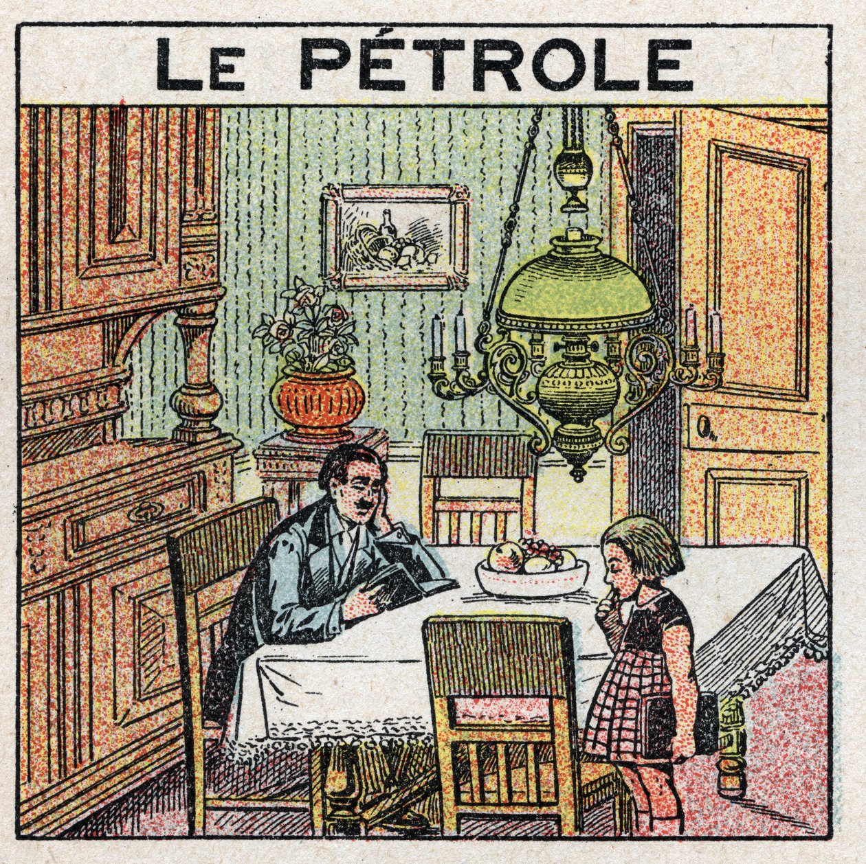Světelné zdroje: použití olejové lampy. Anonymní ilustrace z roku 1925. Soukromá sbírka. od Anonymous Anonymous