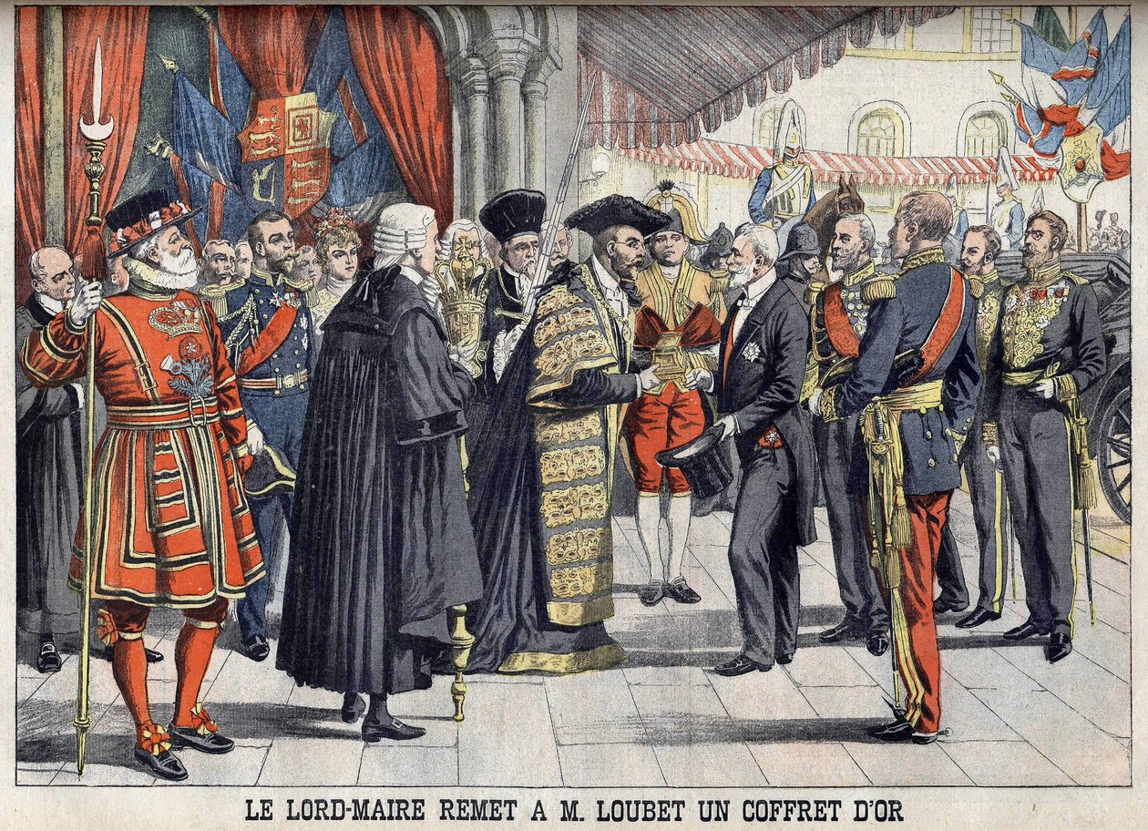 Londýn, Velká Británie. Sir Marcus Samuel předává prezidentu Emile Loubetovi po recepci v Guildhall zlatou krabičku. Le petit Journal, červenec 1903. od Anonymous Anonymous