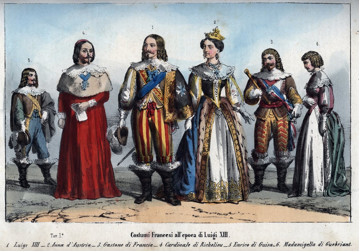 Ludvík XIII. - Anna Rakouská (1601-1666) (Anna Rakouská) - Gaston Francouzský (Gaston, vévoda z Orleansu) - Armand Jean du Plessis, kardinál de Richelieu - Henri II de Guise (Jindřich II., vévoda z Guise) - Anne-Marie Budes de Guebriant - rytina z „“ Usi e od Anonymous Anonymous