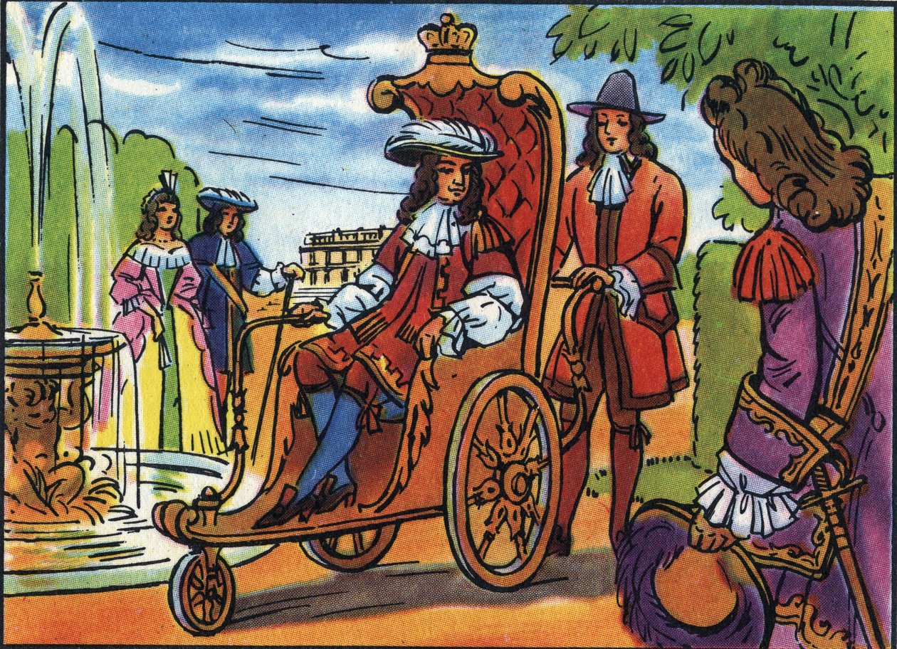 Ludvík XIV. má promenádu, francouzský král Ludvík XIV. (1638-1715), sedící na invalidním vozíku, procházky v parku ve Versailles. Anonymní ilustrace v “” Collection des souverains et chefs d