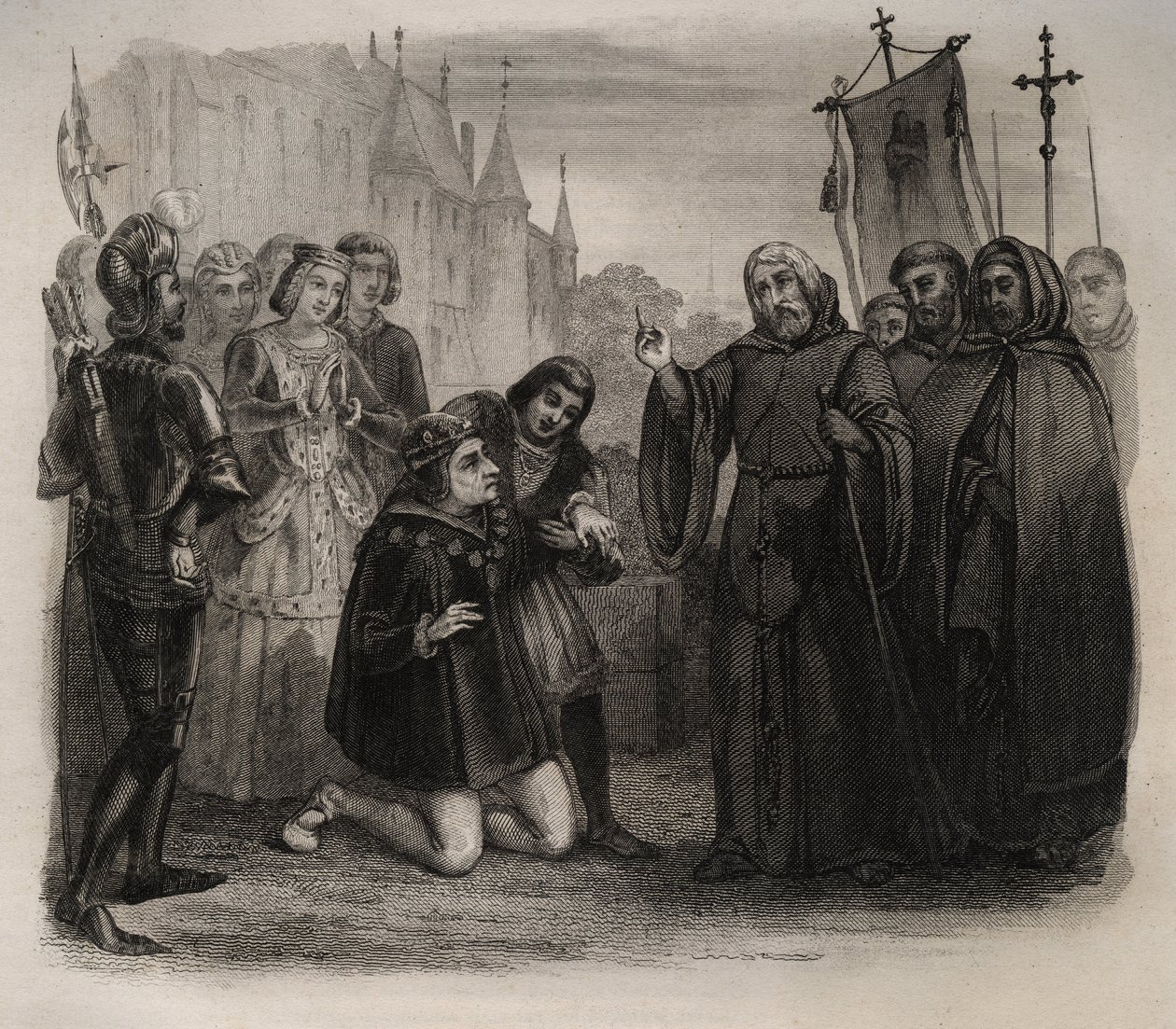 Ludvík XI. (1423-1483) žádající o jeho guerison Francois de Paule (1416-1507) Rytina z roku 1846 v „Životech svatých““. Soukromá sbírka. od Anonymous Anonymous