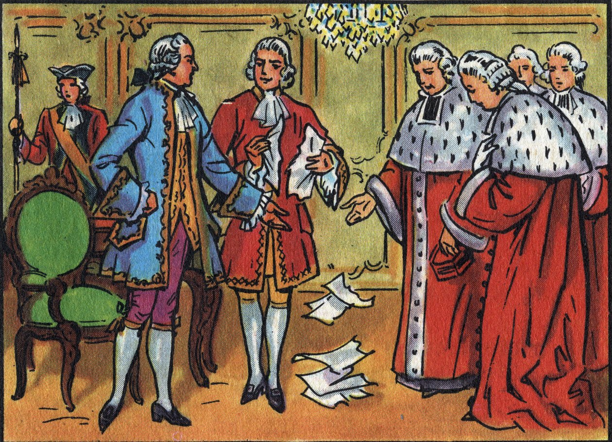 Ludvík XV. (1710-1774), francouzský král, rozkládá rozhodnutí parlamentu. Anonymní ilustrace ve „Sbírce panovníků a hlav států Francie““. 20. století. Soukromá sbírka. od Anonymous Anonymous