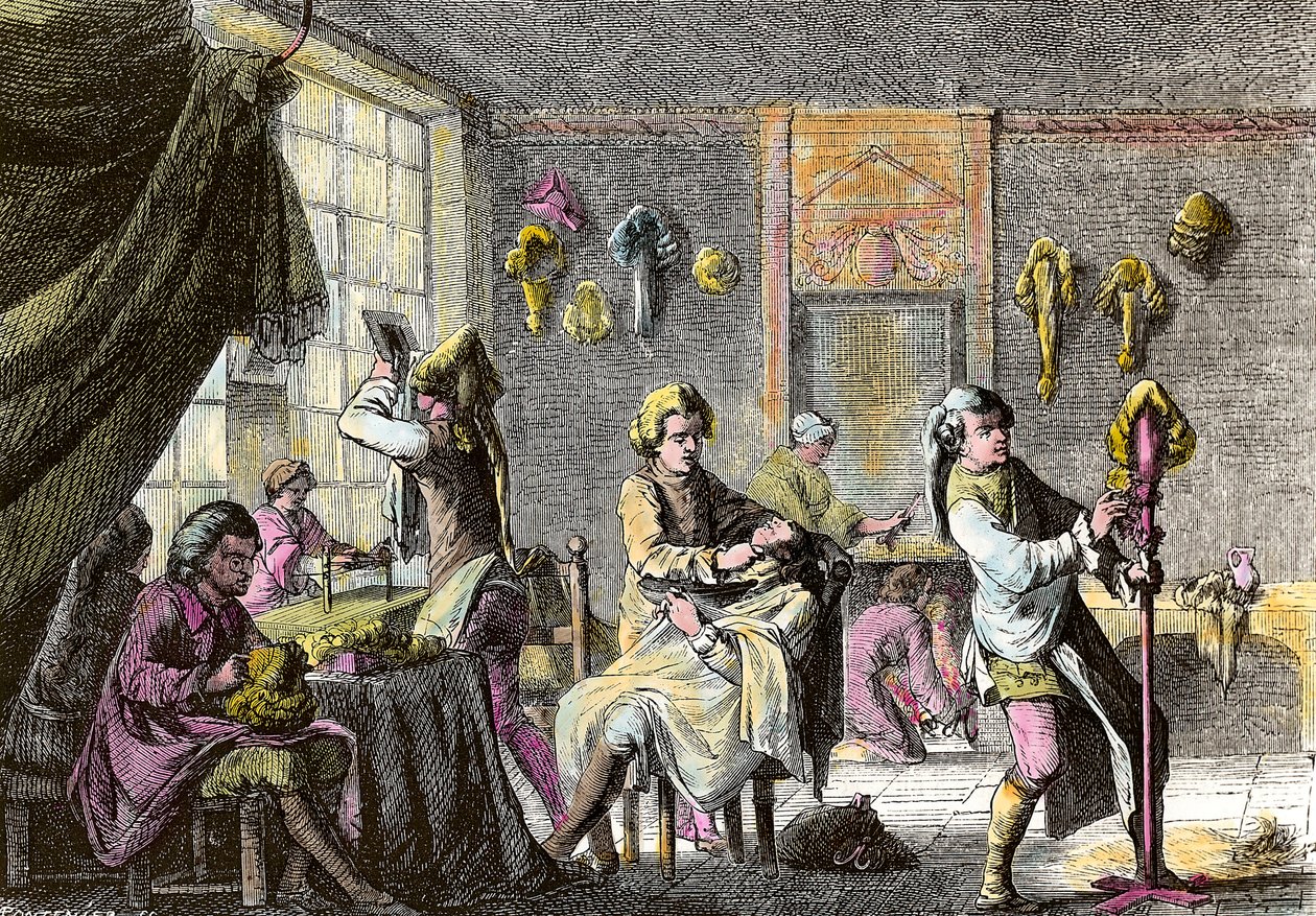 Móda Ludvíka XV.: pohled do interiéru parukového kadeřnictví. Rytina kolem roku 1755. Soukromá sbírka od Anonymous Anonymous