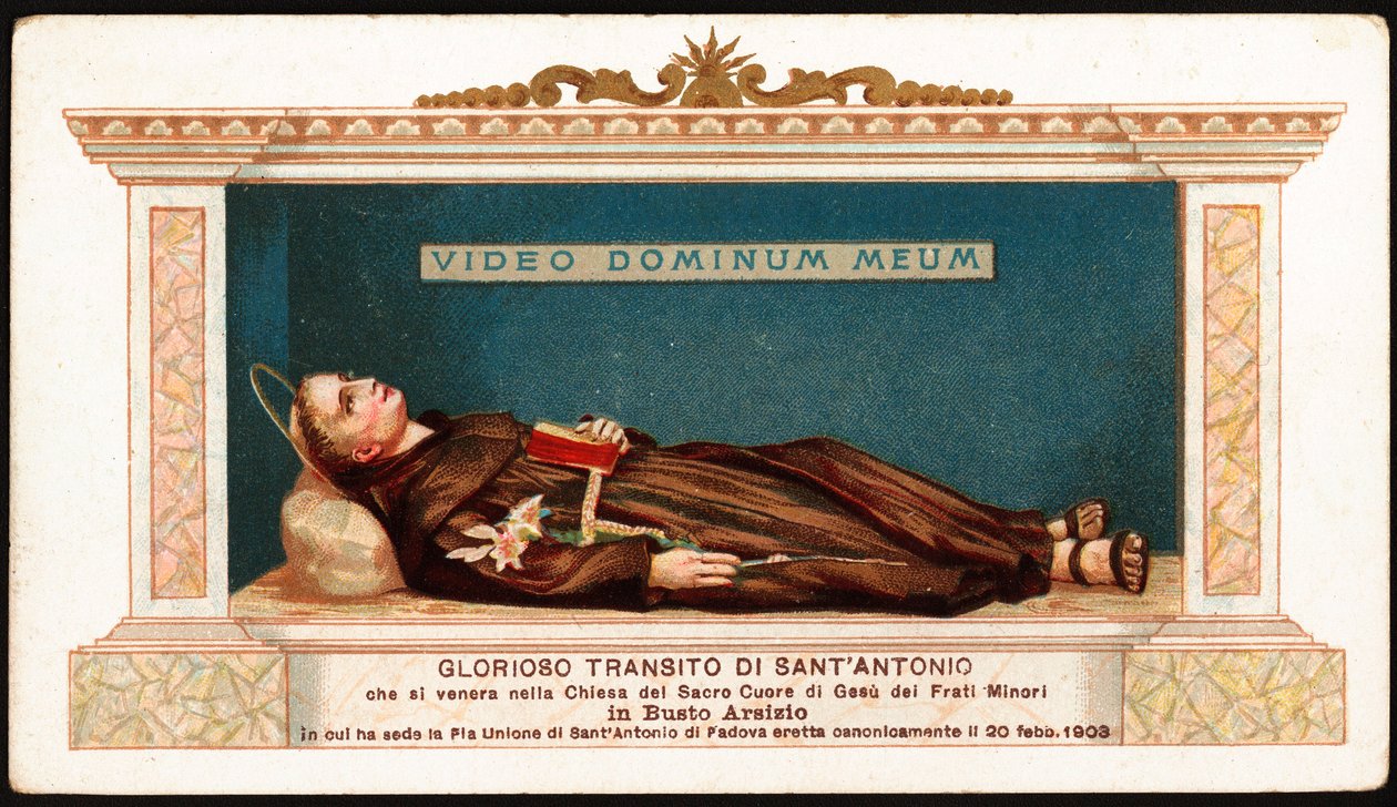 Ležící sv. Antonína Paduánského (san antonio di padova) přichází do kostela Nejsvětějšího srdce Ježíše menších bratří z Busto Arsizia. Vidíme poslední slova pronesená v latině světcem „Video Dominum meum““ (Vidím svého Pána). Zbožný obraz. 20. stol od Anonymous Anonymous