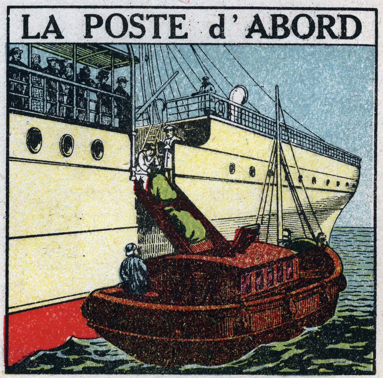 Pošta: loď doručující poštu na palubě parníku (pošta jako první). Anonymní ilustrace z roku 1925. Soukromá sbírka. od Anonymous Anonymous