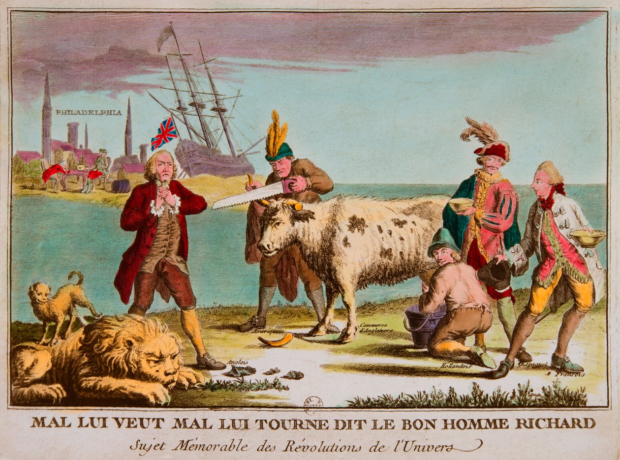 Mal ho chce špatně, řekl dobrý muž richard Památný předmět revolucí vesmíru. Karikatura proti Anglii. 1780, Privee Collection (Britský obchod jako dojná kráva. Obrázky zahrnují: Británie jako spící lev; Kontinentální kongres jako dojná kráva od Anonymous Anonymous