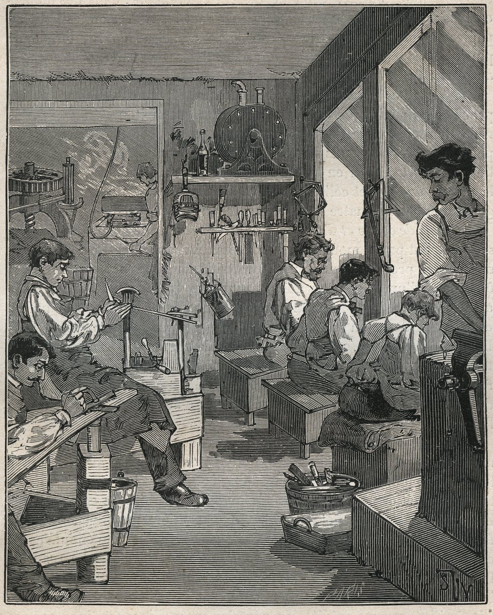 Výroba hřebenů v dílně ve Francii v 19. století. Rytina z roku 1885 v „“Les arts et metiers illustres““ od Adolphe BITARDA. od Anonymous Anonymous