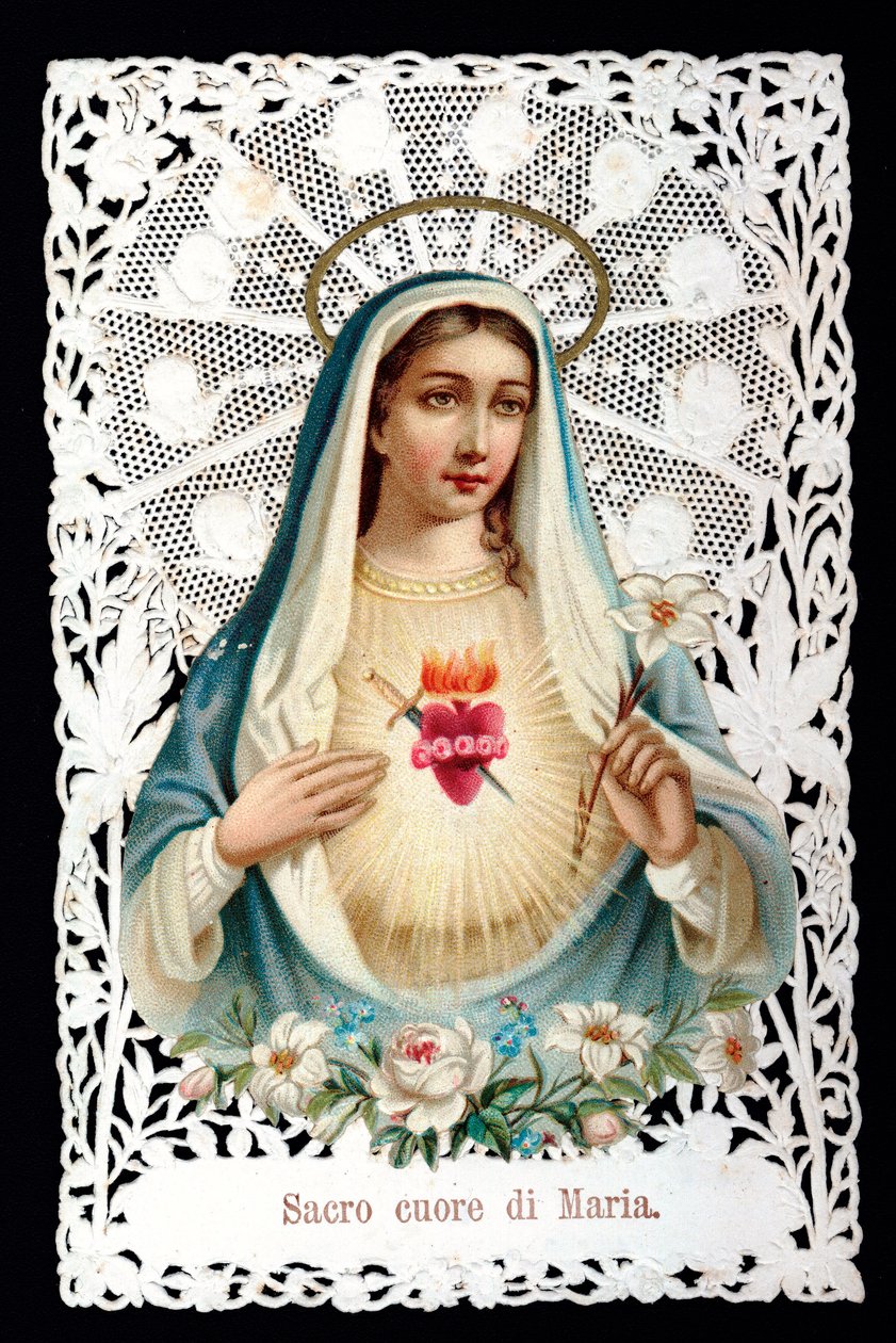 Mater dolorosa Svaté srdce. Zbožný obraz. Chromolitografie má decoupage a dentage. Debutová soukromá sbírka 20. století od Anonymous Anonymous