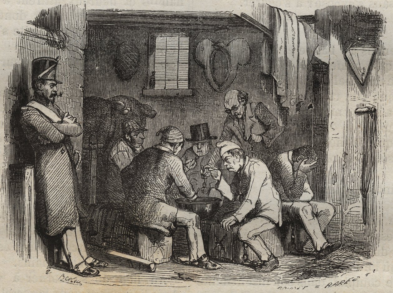 Jídlo odsouzených ve věznici Rochefort v 19. století. Rytina do „Historie trestanců od jejich vzniku až po současnost“ (1877) od Pierra Zacconeho (1817-1895) (Colonia Penale - Trestná kolonie). Soukromá sbírka. od Anonymous Anonymous