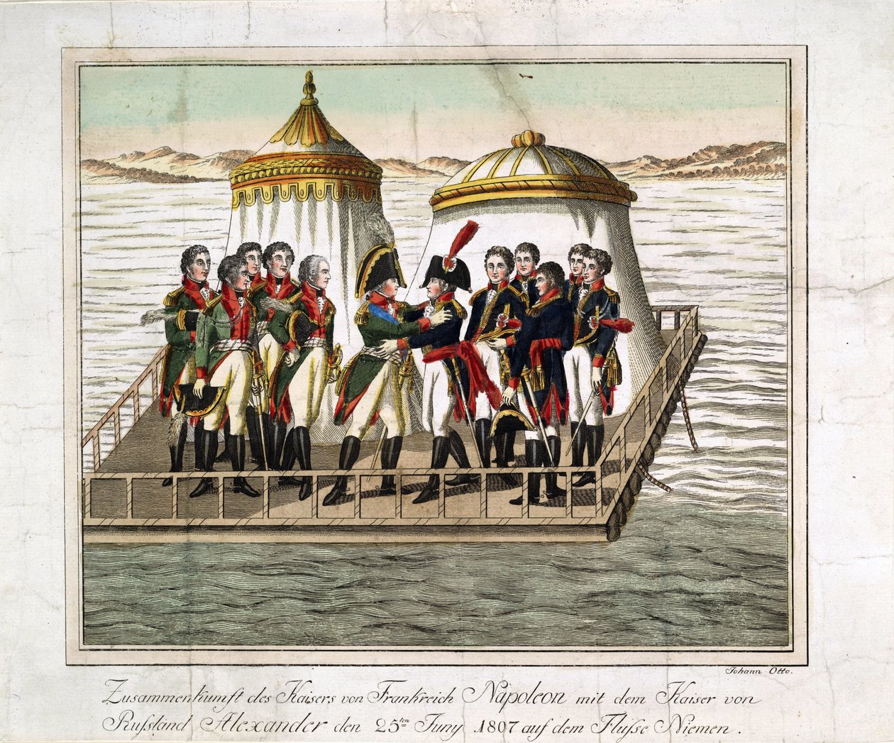 Setkání císařů Alexandra I. Ruského a Napoleona I. Francouzského v Nemanu u Tilsitu - Anonymní - 1807 - Lept, akvarel - 29,7x39,7 - Soukromá sbírka od Anonymous Anonymous