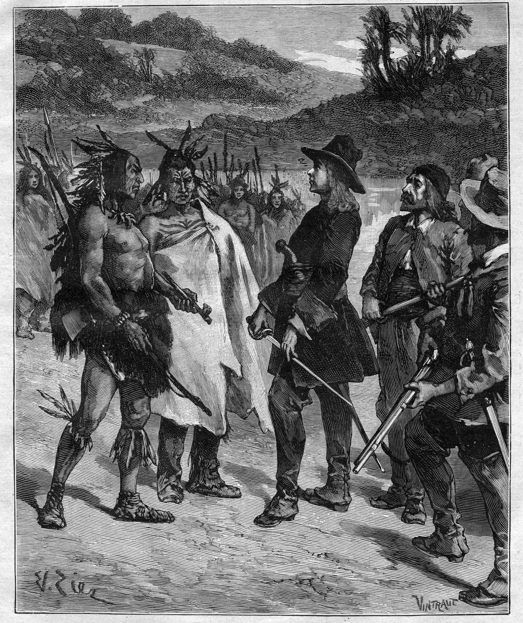 Setkání Roberta Caveliera de La Salle (1643-1687) s indiány Ameriky poblíž jezera Peoria rytina v „Journal des voyages““ z roku 1889 od Anonymous Anonymous