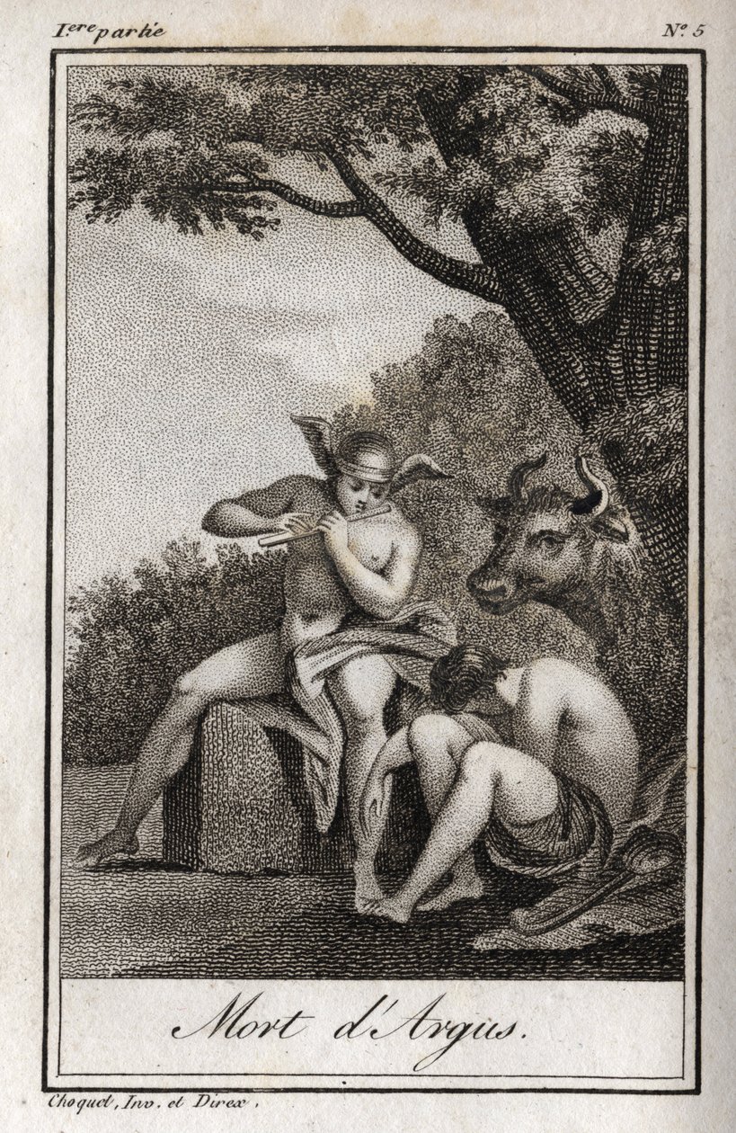 Merkur a Argus (Merkur a Argus). Death of Argus: Mercury hrál na flétnu, aby usnul Argus a vysvobodil nymfu Io, proměněnou v krávu. Rytina z roku 1819 v „Lettres a Emilie sur la mythologie“ od Charlese Alberta Demoustiera (1760-1801). od Anonymous Anonymous
