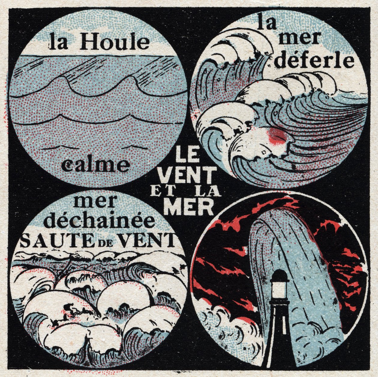 Meteorologie: vliv větru na moře. Klidné vlnobití, moře klesat, moře dechainee, vlny. Anonymní ilustrace z roku 1925. Soukromá sbírka. od Anonymous Anonymous