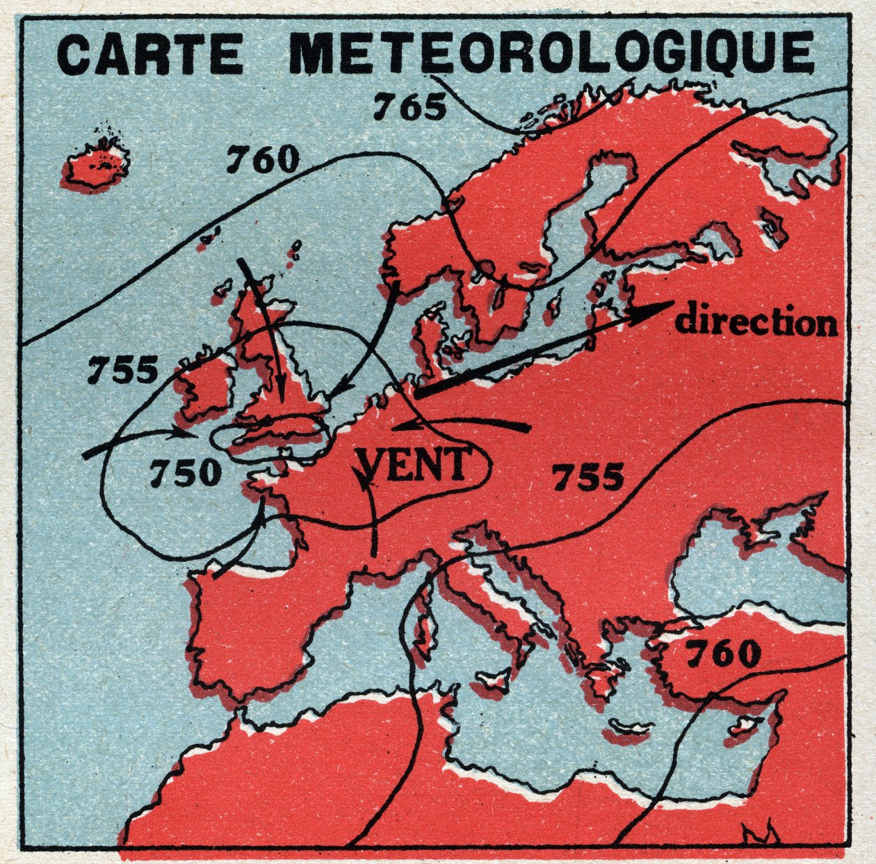Meteorologie: meteorologická mapa. Anonymní ilustrace z roku 1925. Soukromá sbírka. od Anonymous Anonymous