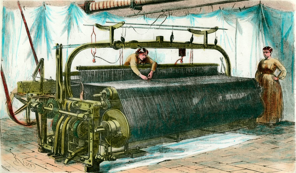 Metier pro mechanické tkaní ve velké továrně. Rytina kolem roku 1860. od Anonymous Anonymous