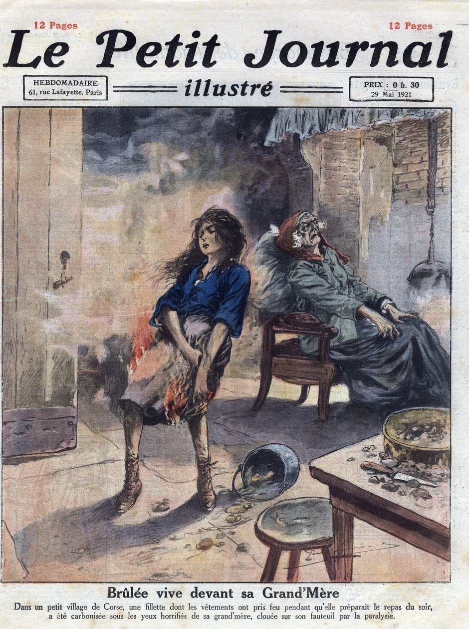 Různé: Dramatická smrt mladé dívky Brulee žije před zraky své ochrnuté babičky. Ilustrace převzata z „Le petit journal illustrious“““ z 29.5.1921. Soukromá sbírka od Anonymous Anonymous