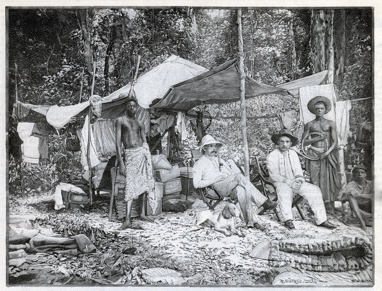 Mise francouzského kapitána Louise Gustava Bingera (1856-1936): tábor mise v Afforenou, Pobřeží slonoviny. Rytina v „Le monde illustree““ z roku 1892. Soukromá sbírka. od Anonymous Anonymous