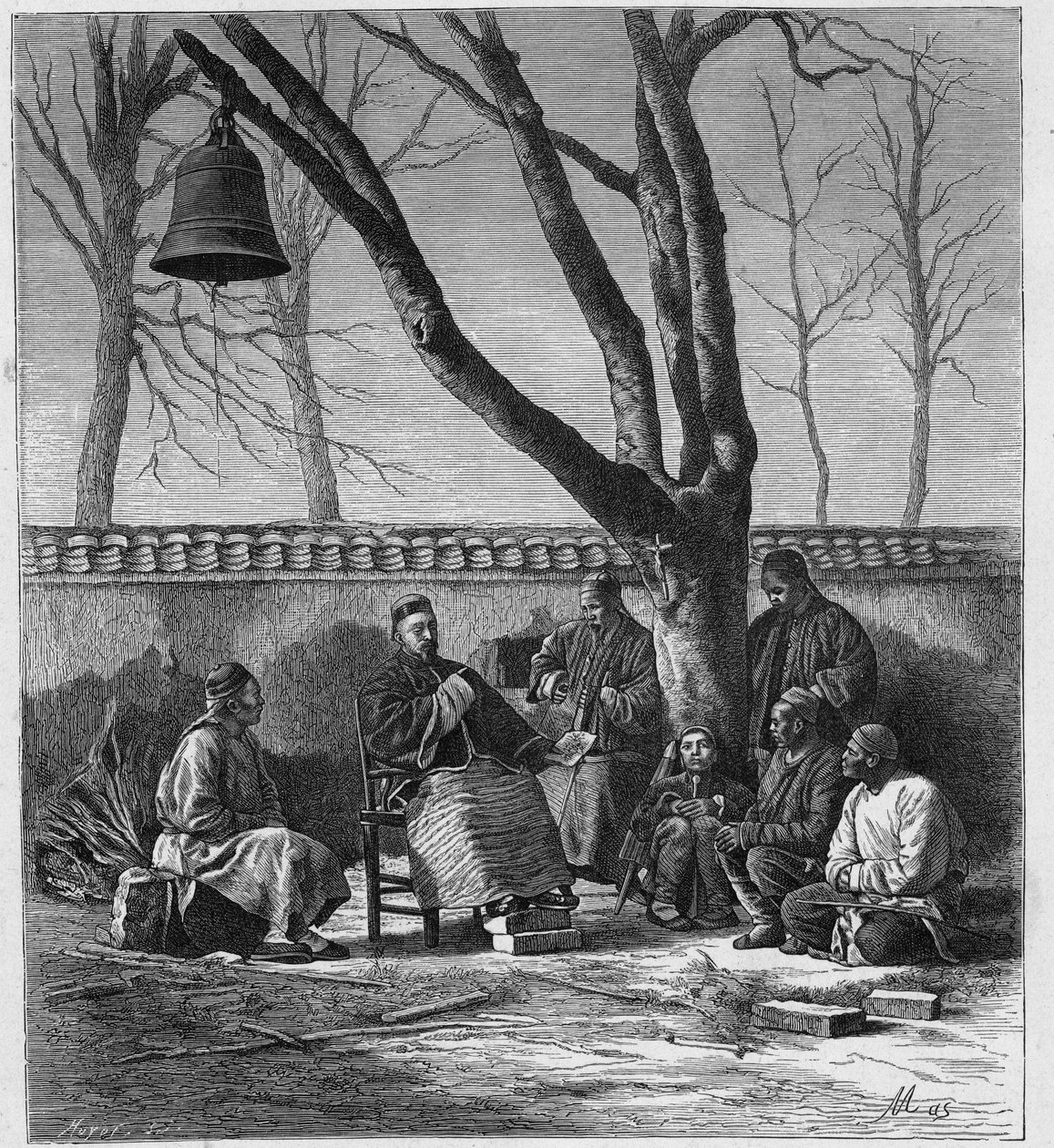 Misionář vyučující katolickou nauku v provincii Henan (Ho Nan, Ho-Nan), Čína. Rytina v „Katolické misie v XIX. století“ od Louis-Eugene (Louis Eugene) Louveta. soukromá sbírka. od Anonymous Anonymous