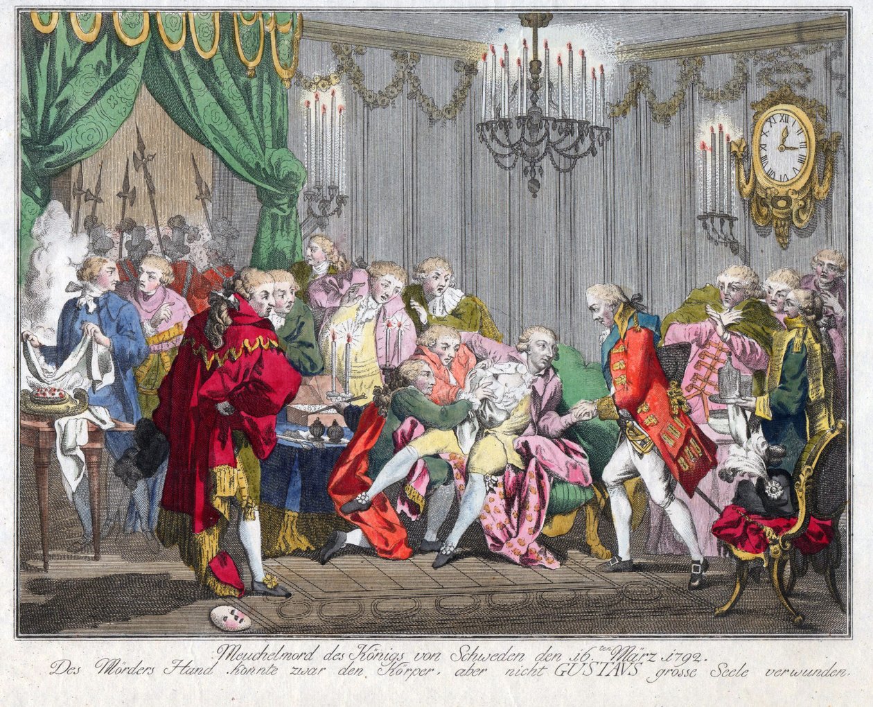 Mort de Gustave III de Suede (1746-1792) - Atentát na krále Gustava III dne 16. března 1792 - Anonym - 1792 - Lept, akvarel - 33,5x46,3 - Soukromá sbírka od Anonymous Anonymous