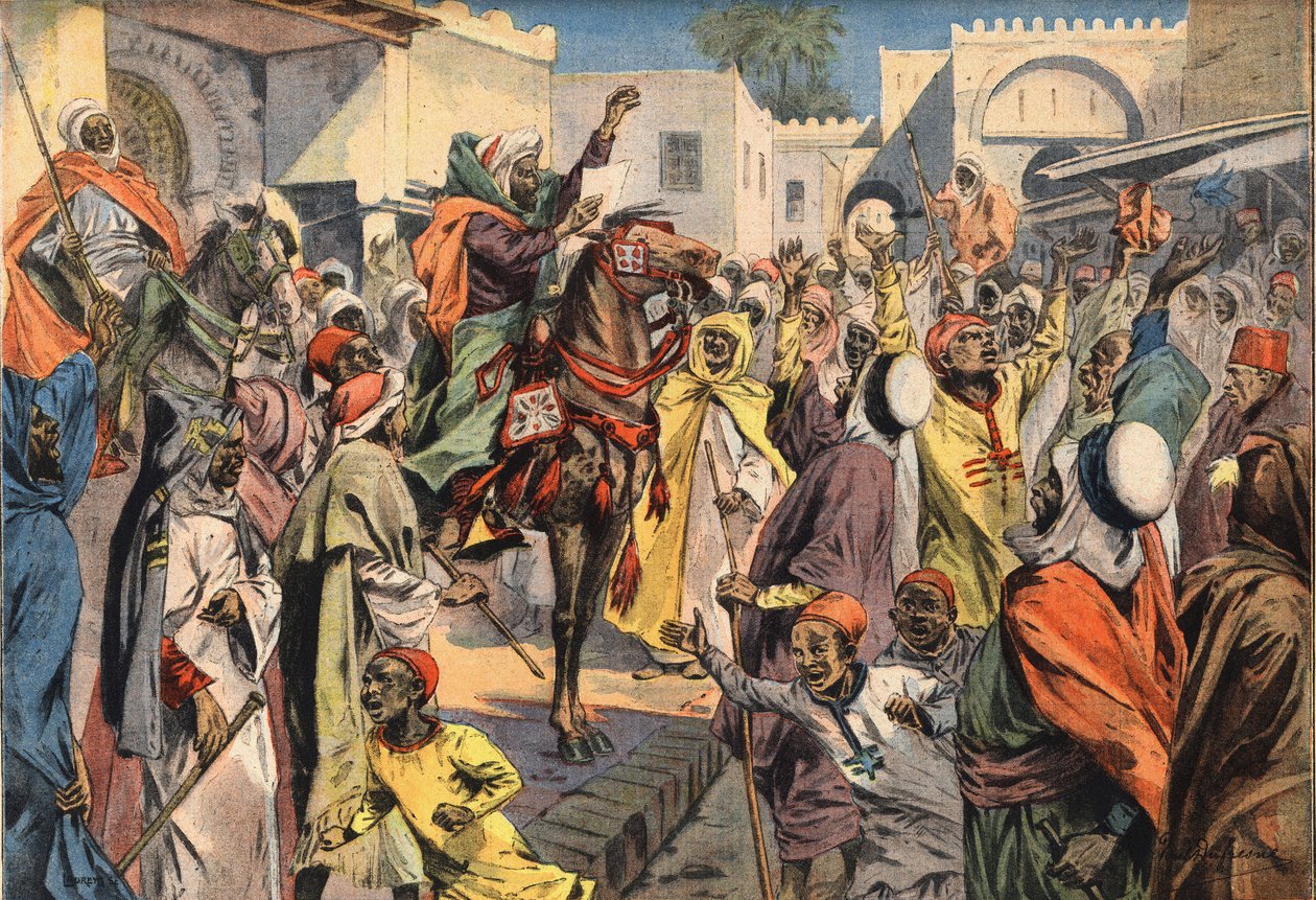 Mouley Hafid (Moulay-Hafid) prohlašuje sultána Fezovi: veřejní křiklouni oznamují toto provolání davu. Rytina z novin „“Le Petite Parisien“, 26.1.1908. Soukromá sbírka. od Anonymous Anonymous