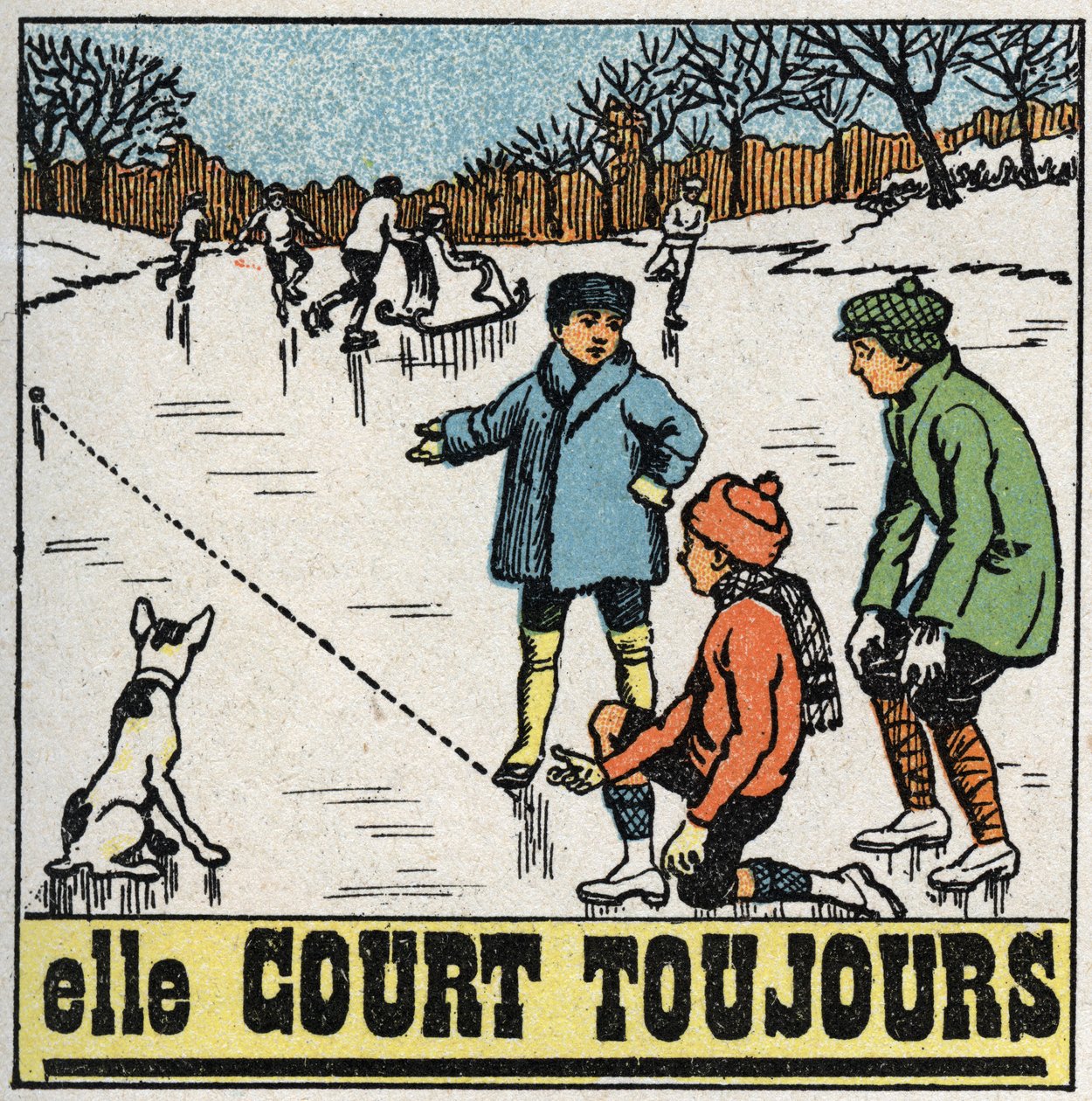 Pohyby: děti si v zimě hrají s míčky na zamrzlém ledu rybníka. Anonymní ilustrace z roku 1925. Soukromá sbírka. od Anonymous Anonymous