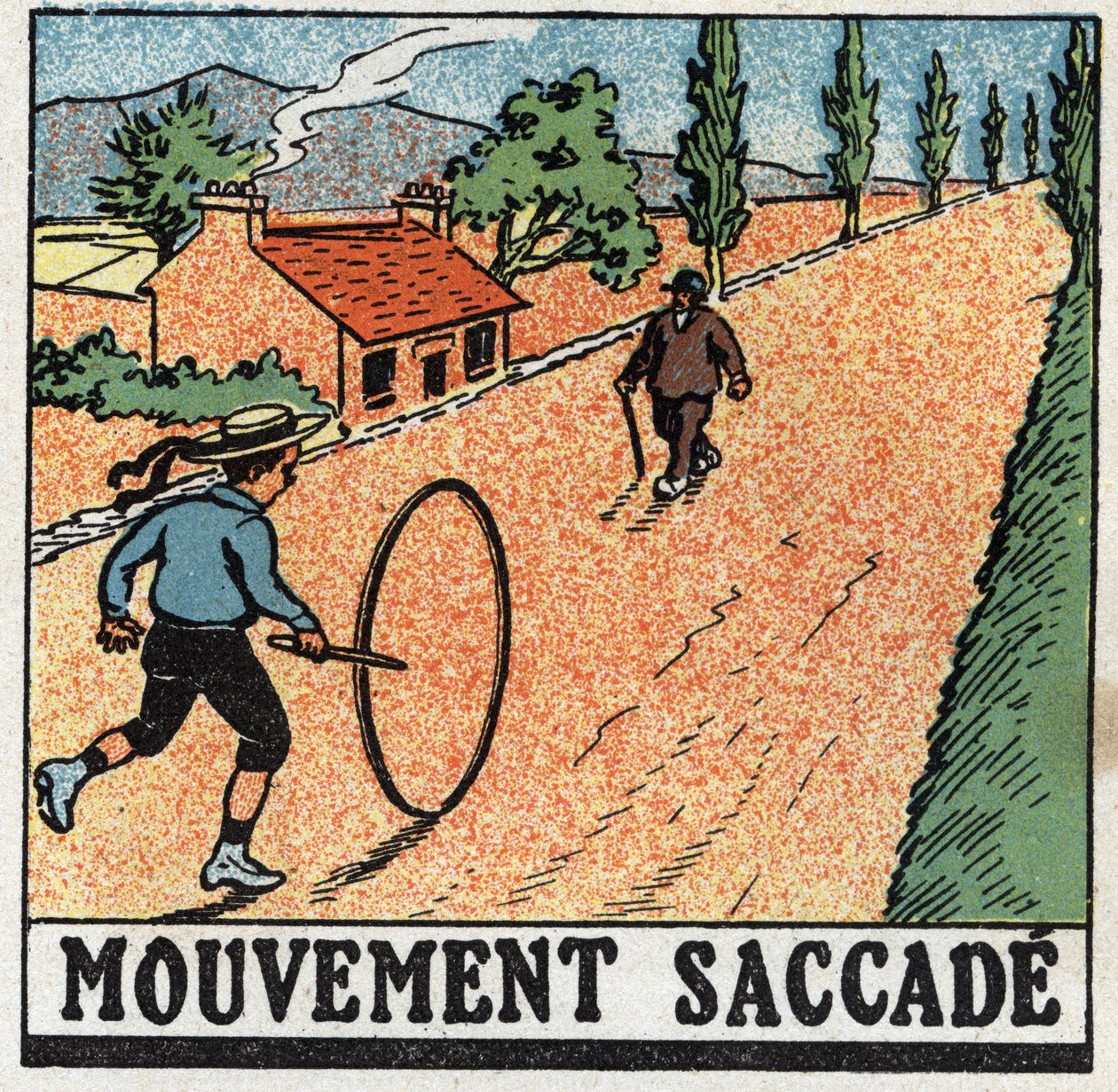 Pohyby: trhavý pohyb. Dítě si hraje s obručí. Anonymní ilustrace z roku 1925. Soukromá sbírka. od Anonymous Anonymous
