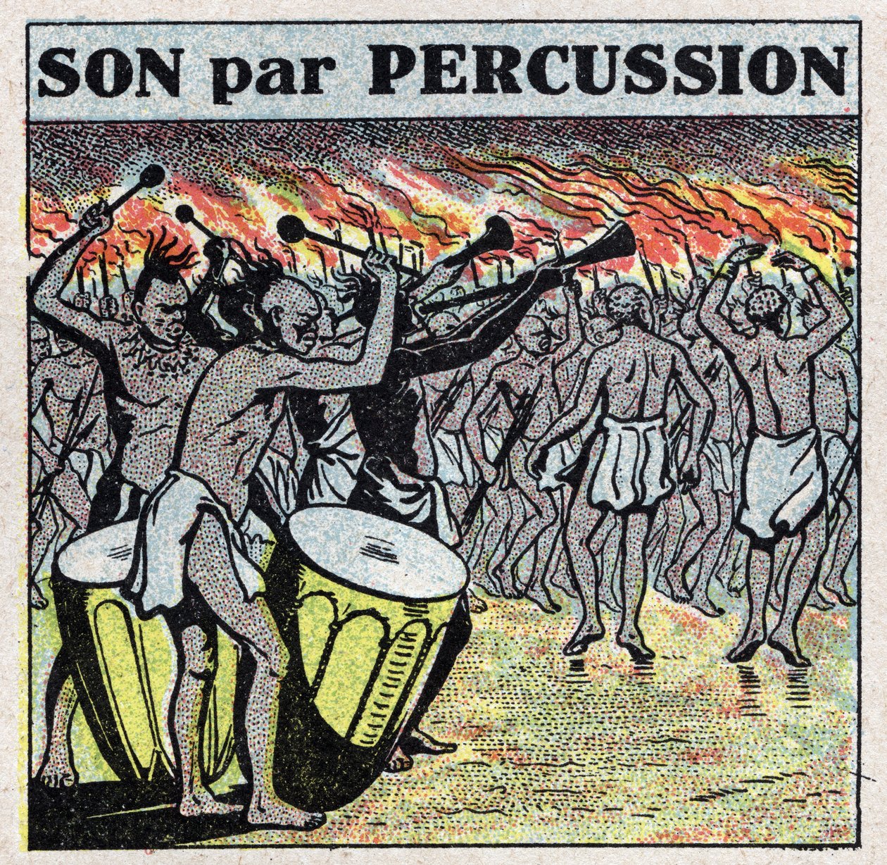 Hudební nástroje: perkuse v africké vesnici. Anonymní ilustrace z roku 1925. Soukromá sbírka. od Anonymous Anonymous