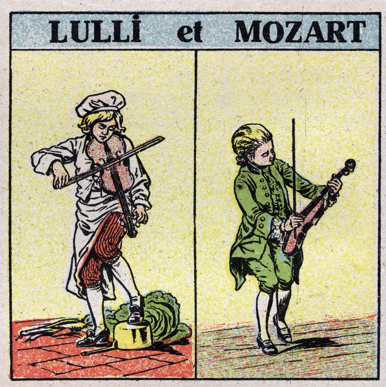 Hudební nástroje: třené strunné nástroje. Jean Baptiste Lully (Giovanni Battista Lulli) (1632-1687) a Wolfang Amadeus Mozart (1756-1791) hrající na housle. Anonymní ilustrace z roku 1925. Soukromá sbírka. od Anonymous Anonymous