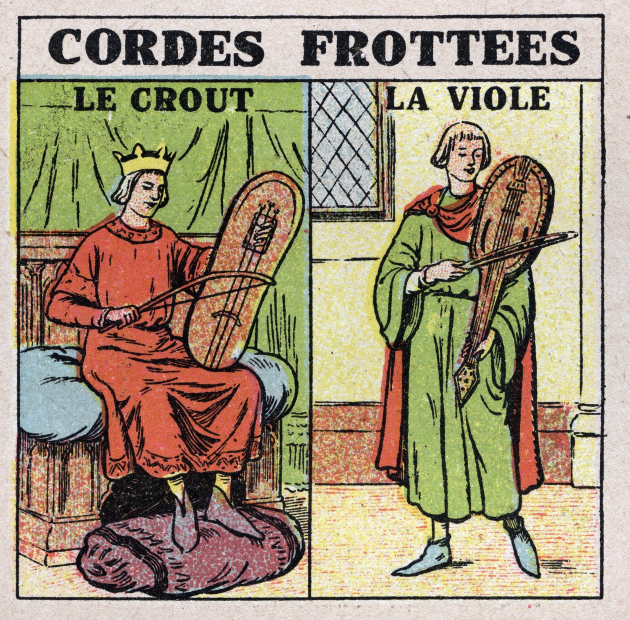 Hudební nástroje: třené strunné nástroje. Hráči krutu a znásilnění ve středověku. Anonymní ilustrace z roku 1925. Soukromá sbírka. od Anonymous Anonymous