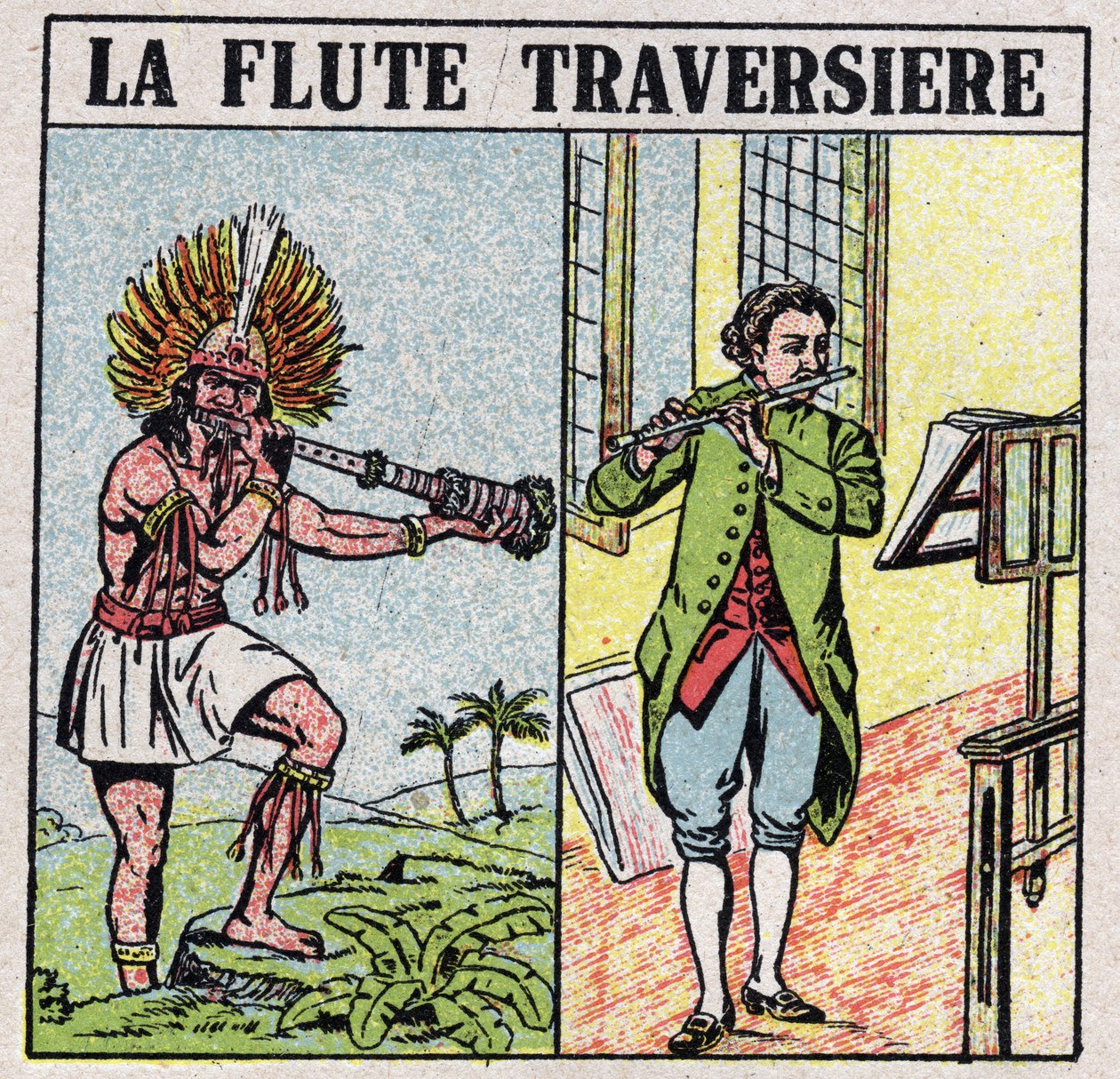 Hudební nástroje: dechové nástroje. Hráči na křížovou flétnu, v době Inků a má novější éru. Anonymní ilustrace z roku 1925. Soukromá sbírka. od Anonymous Anonymous