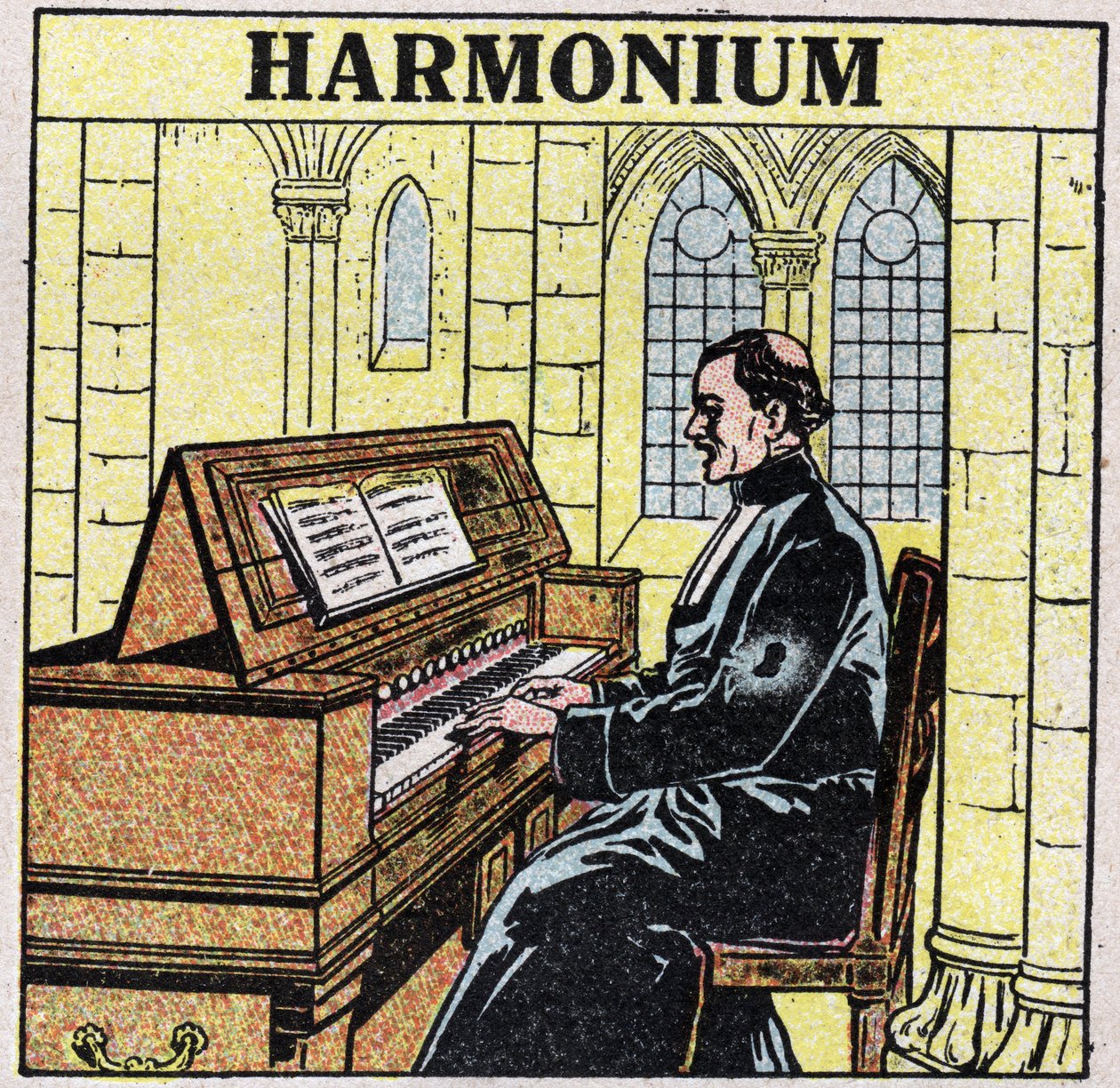 Hudební nástroje: dechové nástroje na boku. Harmonium hráč v kostele. Anonymní ilustrace z roku 1925. Soukromá sbírka. od Anonymous Anonymous