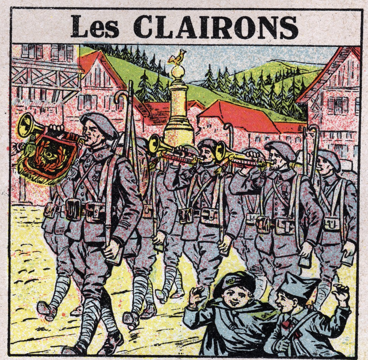 Hudební nástroje: dechové nástroje se zavařovacím ústím. Hráči polnice během vojenského běhu. Anonymní ilustrace z roku 1925. Soukromá sbírka. od Anonymous Anonymous