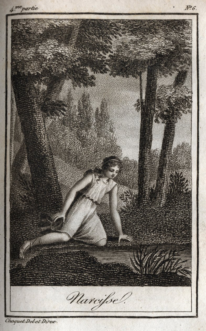 Narcisse uvažuje o své reflexi (Narciso) Rytina z roku 1819 v „Lettres a Emilie sur la mythologie““ od Charlese Alberta Demoustiera (1760-1801). Soukromá sbírka. od Anonymous Anonymous
