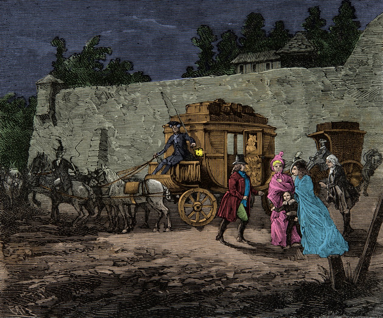 Noční let královské rodiny do Varennes v roce 1791, Rytina, Soukromá sbírka od Anonymous Anonymous