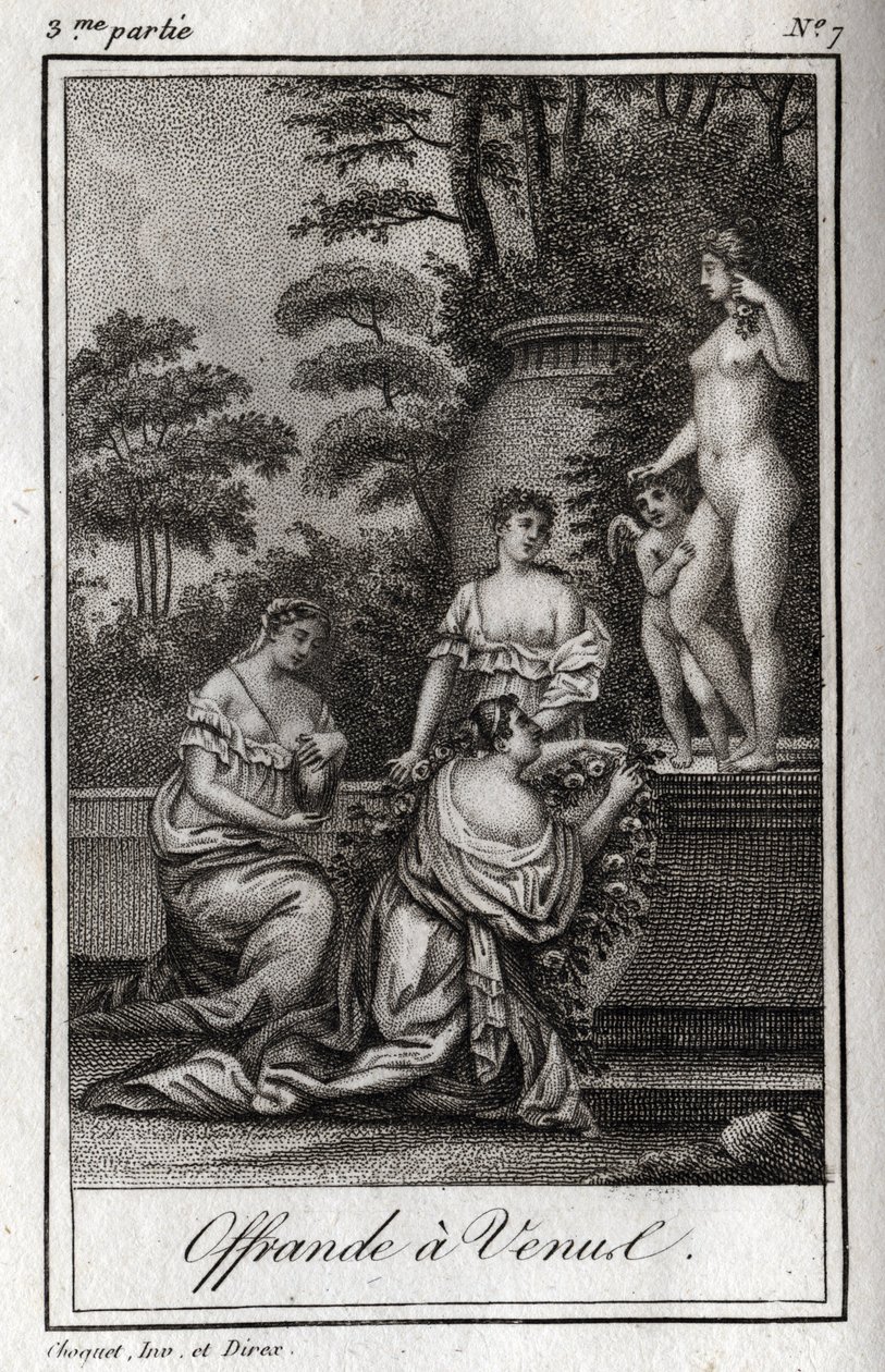 Nabídněte Venuši. Malé lásky (angeloti) se shromažďují, aby vzdali hold bohyni Afroditě. Rytina z roku 1819 v „Lettres a Emilie sur la mythologie“ od Charlese Alberta Demoustiera (1760-1801). Soukromá sbírka. od Anonymous Anonymous