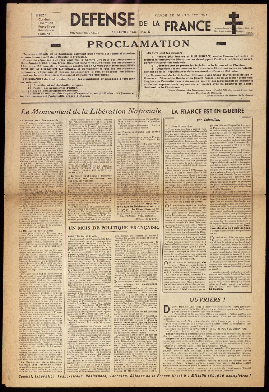 Jeden z tajných novin „“ Défense de France““ z 15.1.1944 od Anonymous Anonymous