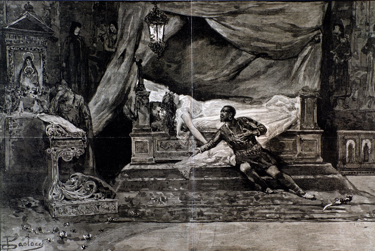 Otello se zabije poblíž těla Desdemony. Ilustrace poslední scény Otello, opera Giuseppe Verdiho od Anonymous Anonymous