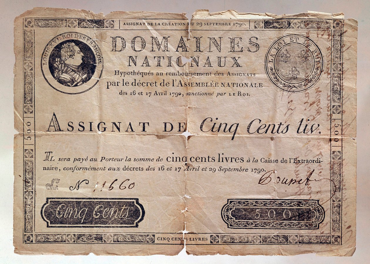 Papír vydaný během francouzské revoluce: přidělení 500 liber z roku 1790. Soukromá sbírka od Anonymous Anonymous