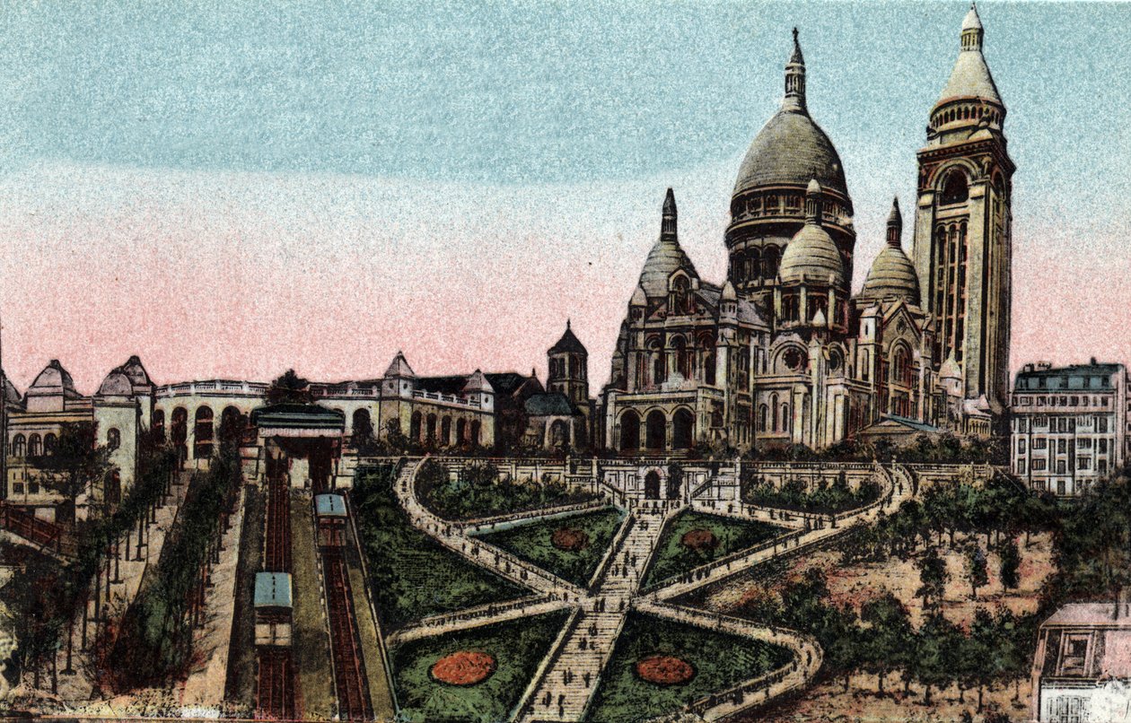 Paříž: lanovka a bazilika Sacre Coeur (Sacre-Coeur) na Butte Montmartre. Fotografie z roku 1920 v „Uměleckém albu“ města Paříže. Soukromá sbírka. od Anonymous Anonymous