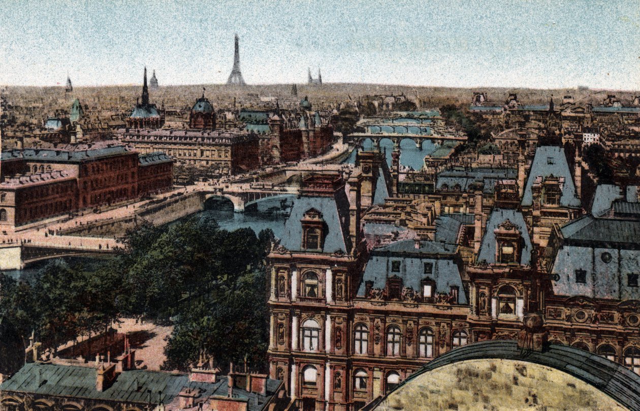 Paříž: panorama Huitských mostů na Seině s Eiffelovou věží v pozadí. Fotografie z roku 1920 v „Uměleckém albu“ města Paříže. Soukromá sbírka. od Anonymous Anonymous