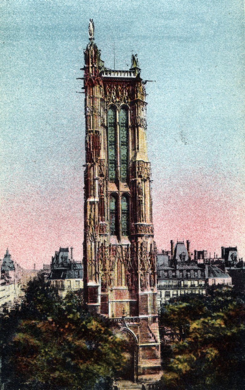 Paříž: Věž Saint Jacques (Saint-Jacques) realizovaná v roce 1523. Fotografie z roku 1920 v „Uměleckém albu“ města Paříže. Soukromá sbírka. od Anonymous Anonymous