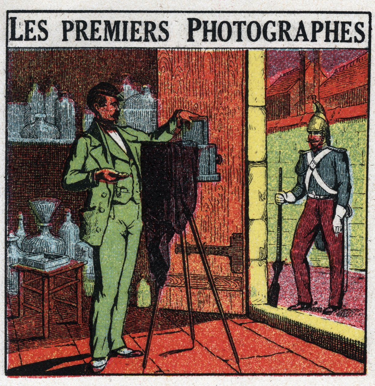 Fotografie: První fotografové v 19. století. Fotograf zobrazující vojáka ve svém ateliéru. Anonymní ilustrace z roku 1925. Soukromá sbírka. od Anonymous Anonymous