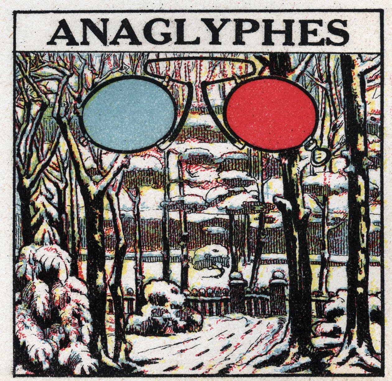 Fotografie: anaglyf je obrázek vytištěný tak, aby byl viděn v reliéfu pomocí dvoubarevných brýlí. Anonymní ilustrace z roku 1925. Soukromá sbírka. od Anonymous Anonymous