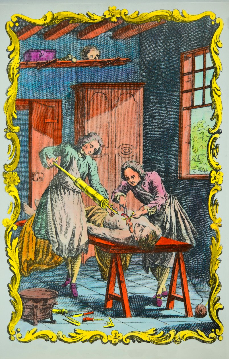 Lékař studující pohyb krve: frontispis „paměti o pohybu krve a účincích krvácení“ od Albrechta von Hallera (1708-1777) 1756, soukromá sbírka od Anonymous Anonymous