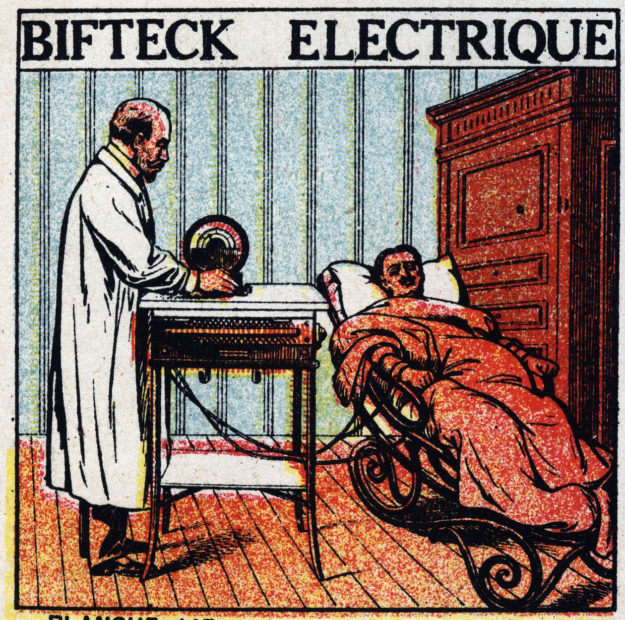 Fyziologické účinky elektrolitu: elektrický steak. Péče o pacienta průchodem elektrického proudu jeho tělem pomocí holých kovových elektrod. Anonymní ilustrace z roku 1925. Soukromá sbírka. od Anonymous Anonymous
