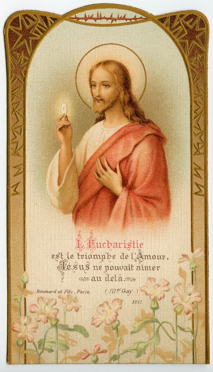 Zbožný obraz: Eucharistie, Ježíš drží svátostný chléb (chromolitografie) od Anonymous Anonymous