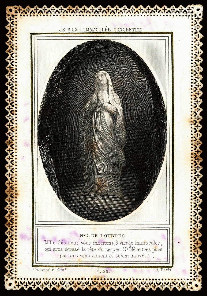 Zbožný obrázek: “” Notre Dame de Lourdes”” Karta Dentelee. 19. století. Soukromá sbírka od Anonymous Anonymous